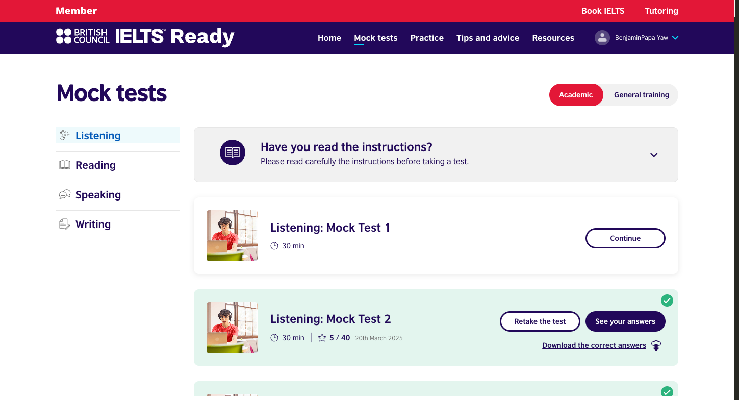 Screenshot of a mock test interface